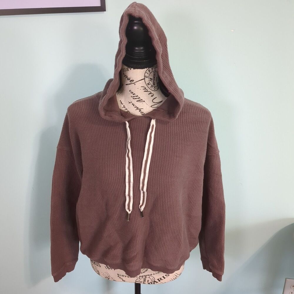 Aerie Hoodie Women’s Small Brown Ribbed Hooded Cropped Sweatshirt Drawstring